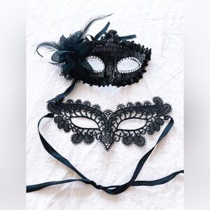 TWO (2) Halloween Masquerade Masks - Black Sequin Feather Lace Sexy - Adjustable